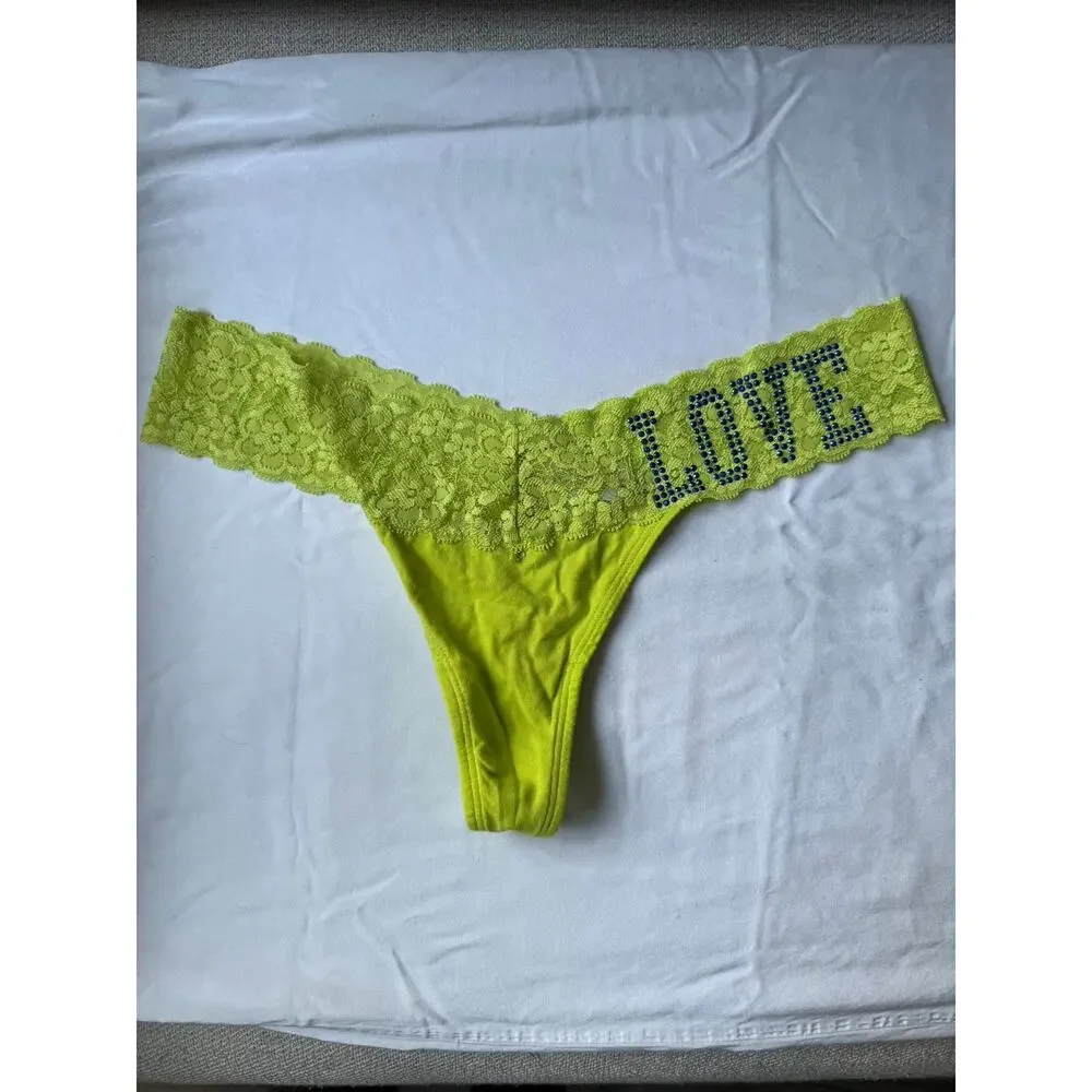 NWOT Vintage Rampage Neon Yellow Lace Thong Panty LOVE Rhinestone Back Size L